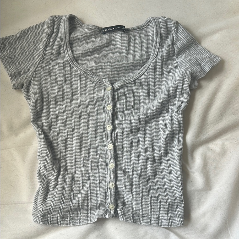 Brandy Melville Gray Ribbed Button Down Short Sleeve Shirt